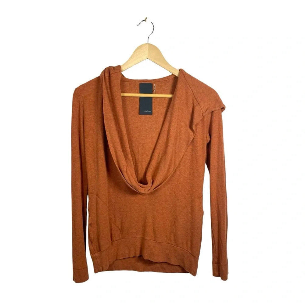 Heather Rust Orange Cowl Neck Hooded Ribbed Knit Sweater Top Petite P